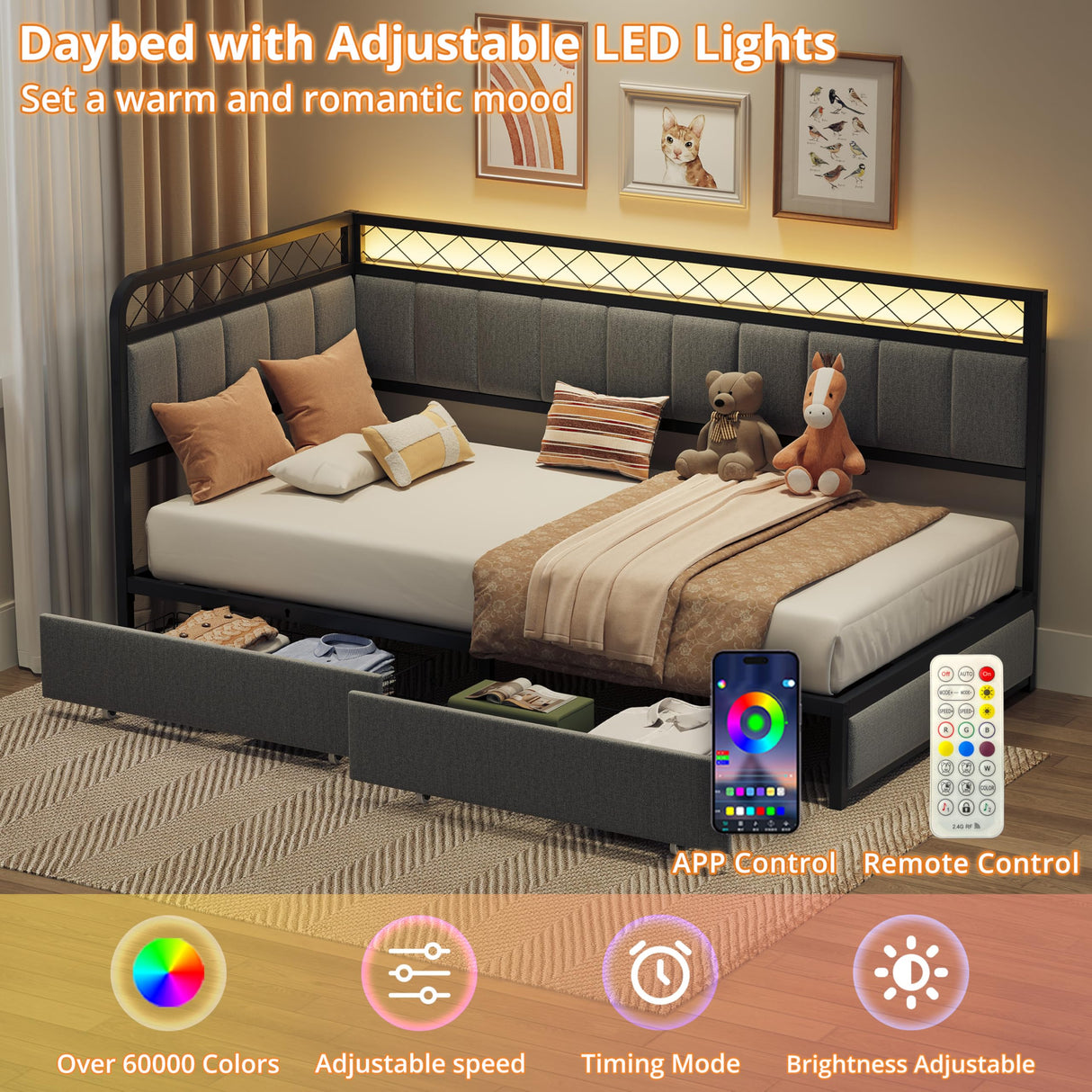 ANCTOR Twin Daybed with 2 Storage Drawers, Corner Bed Frame with LED and Charging Station, Metal Platform Daybed Frame for Living Room, Bedroom and Guest Room, Gray ANCTOR