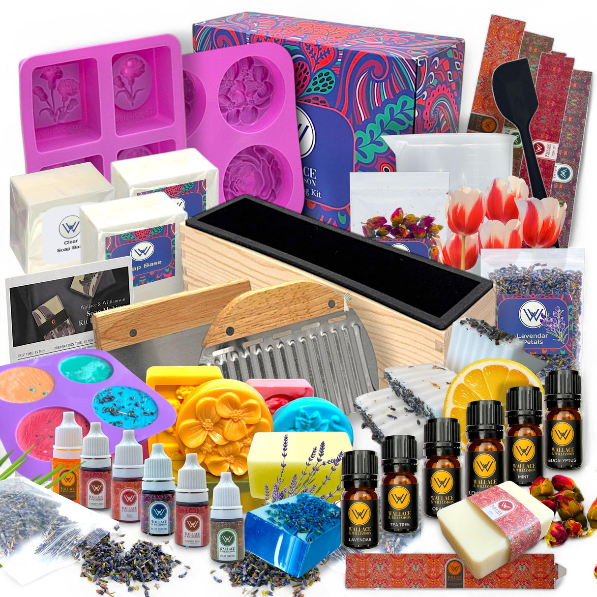 Wallace & Williamson DIY Soap Making Kit with Melt & Pour Base, Cutting Box, Molds, Fragrances, Flowers Silicone Molds - for Adults & Kids Craft Wallace & Williamson