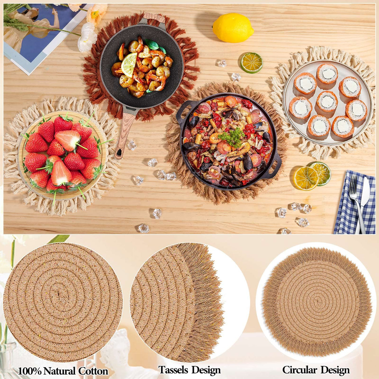 13 Inch Round Cotton Placemat Set of 4 Boho Placemats Table Mats Woven Washable Table Placemats for Fall Kitchen Dining Home Farmhouse Thanksgiving Christmas Decoration Heat Resistant Place Mat Lucomb
