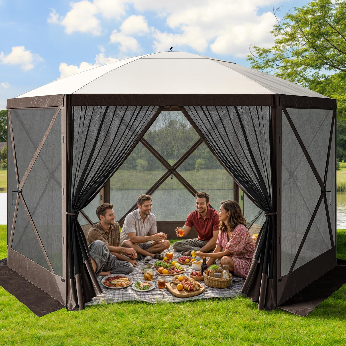 DWVO Gazebo Screen Tent, 12x12ft Instant Outdoor Portable Camping Screen House Canopy 6 Sided w/Mesh Windows & Carry Bag for Patio, Camping, Backyard, Brown DWVO