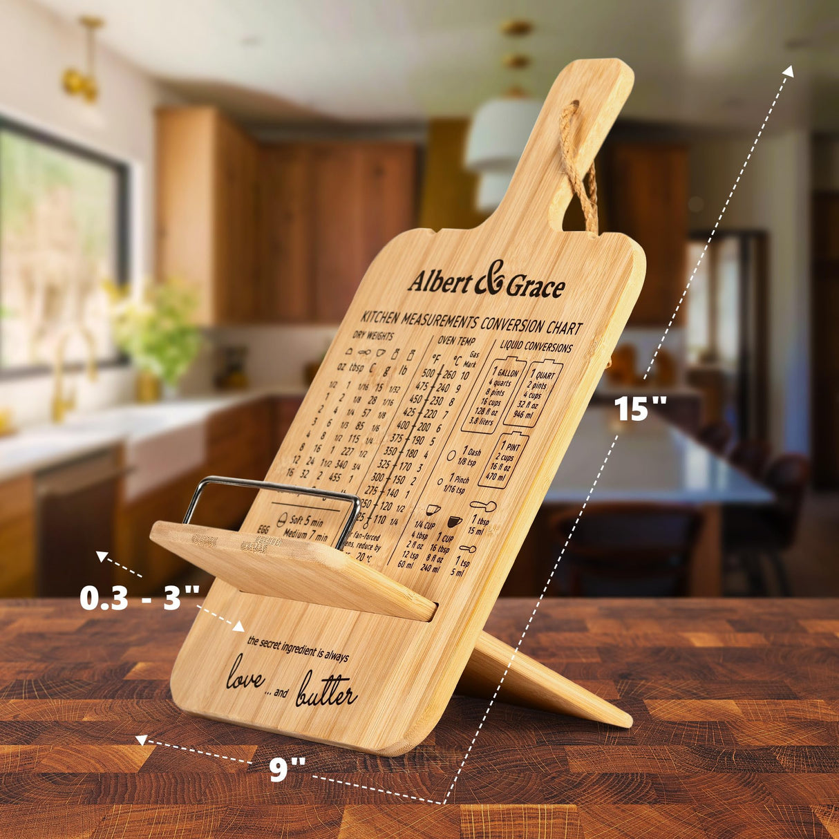 Albert&Grace Adjustable Bamboo Cookbook Stand with Conversion Chart – Recipe Book Holder for Kitchen Counter, Large Wooden Stand for Cookbooks, Tablets, & iPads Albert&Grace