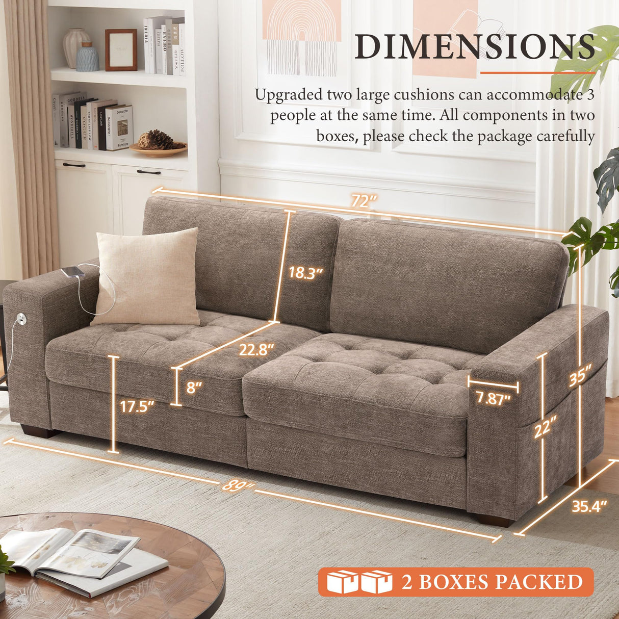 Ihanherry 89" Modern Sofas 3-Seats Couches for Living Room, Chenille Sofas with Extra Large Seat Width & Depth, USB/Type-C Charging Port & Side Pocket, Removable Medium Firm Sofa Cushion(Brown) Ihanherry