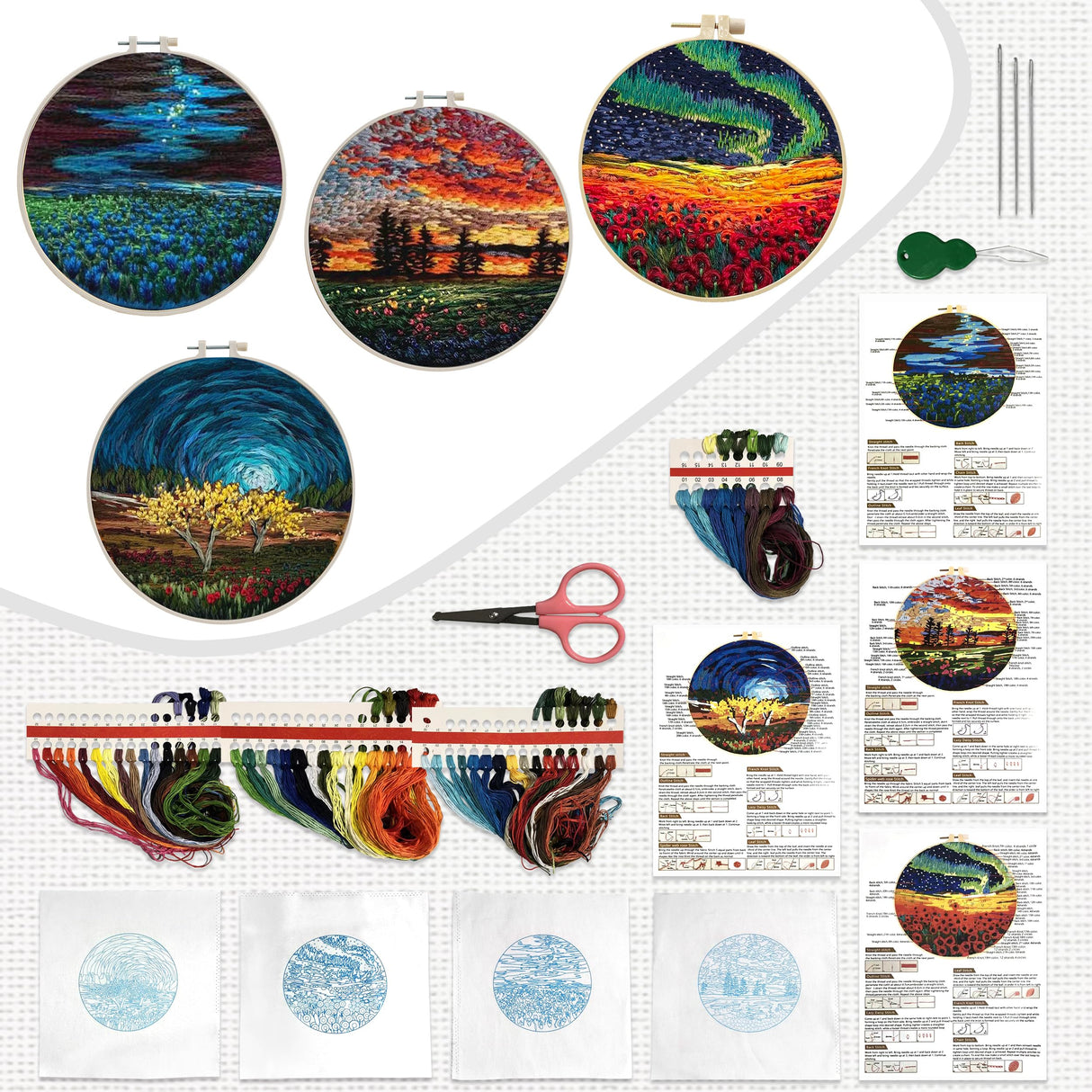 Maydear 4 Pack Embroidery Starter Kit with Pattern, Stamped Cross Stitch Kits for Beginners Adults with Embroidery Hoop and Instructions, Hand Embroidery Kit (Embroidery kit flower2) Maydear