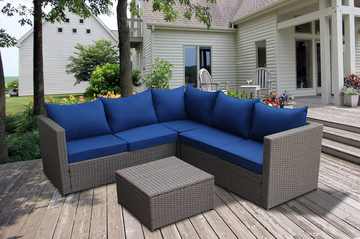 Home Life Navy Blue Large Outdoor Patio 4 Piece Modern Brown Rattan Wicker Sectional Sofa Cushions-with Coffee Table/Ottoman HomeLife
