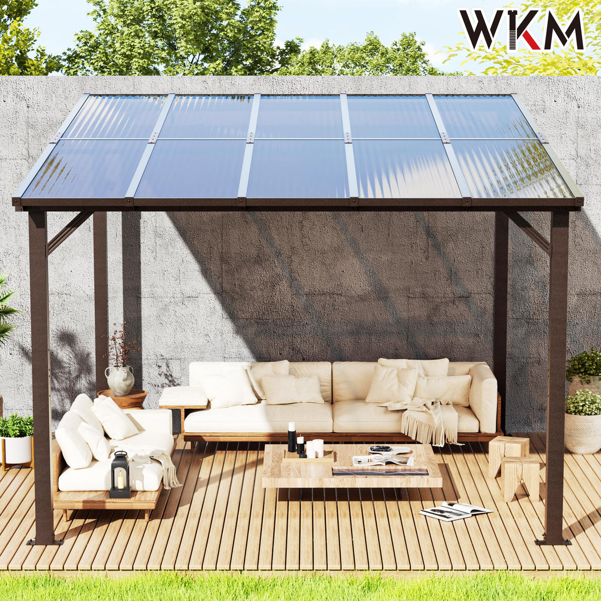 WKM 10X12 FT Gazebo for Patio,Large Wall-Mounted Lean to Gazebo Pergola with Roof on Clearance, Lean to Gazebo Hard Top, Lean to Gazebo Awnings for Patio, Decks, Porch and Backyard WKM