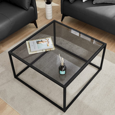 SAYGOER Glass Coffee Table, Small Modern Coffee Table Square Simple Center Tables for Living Room 26.7 x 26.7 x 17.7 Inches, Gray Black