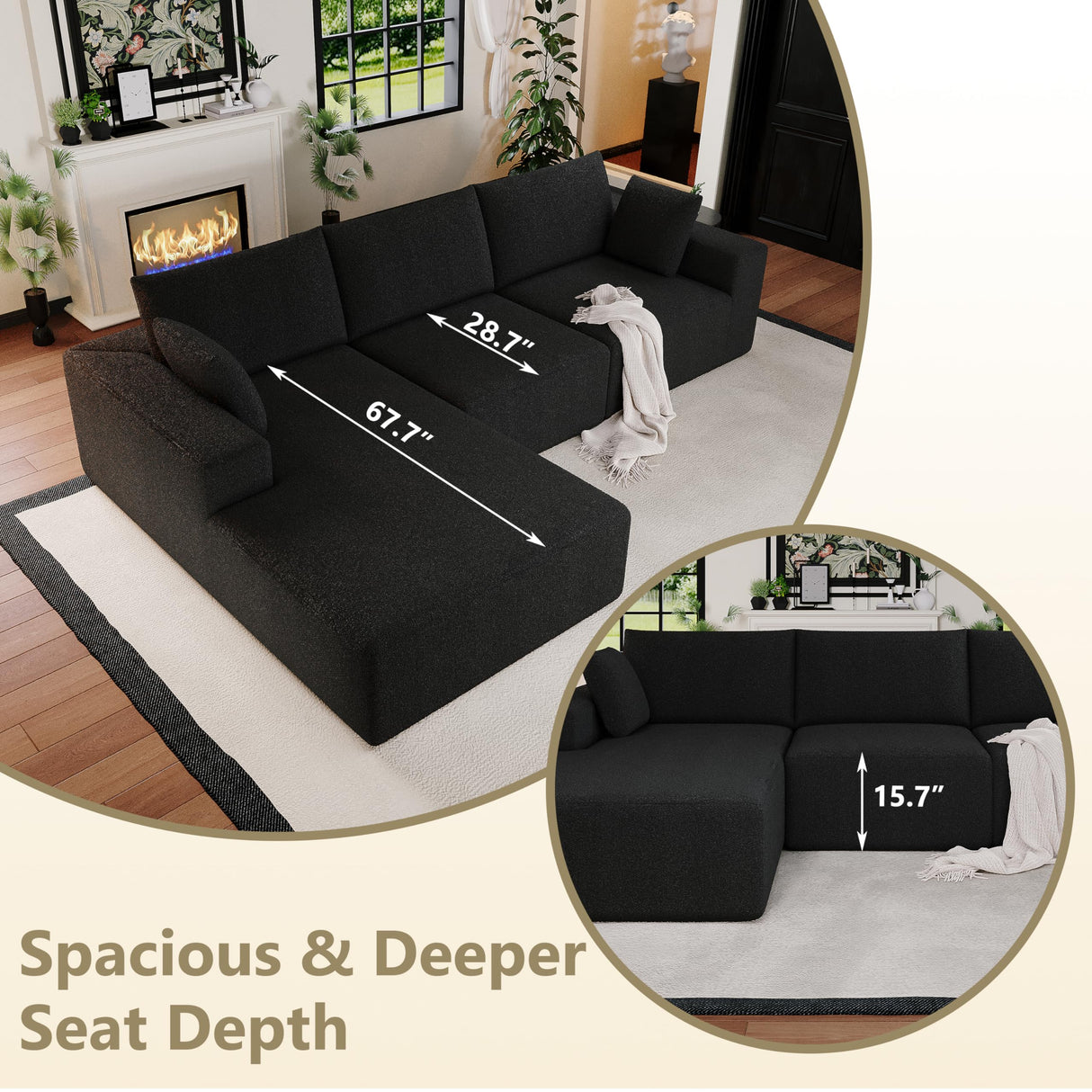 108”Modular Sectional Sofa, 4 Seat Cloud Sectional Couch for living Room with Deep Seat, Modern L-Shape Couch with Oversized Chaise, Upholstered Couches with Waist Pillows, No Assembly Required(Black) B.Sauraseng