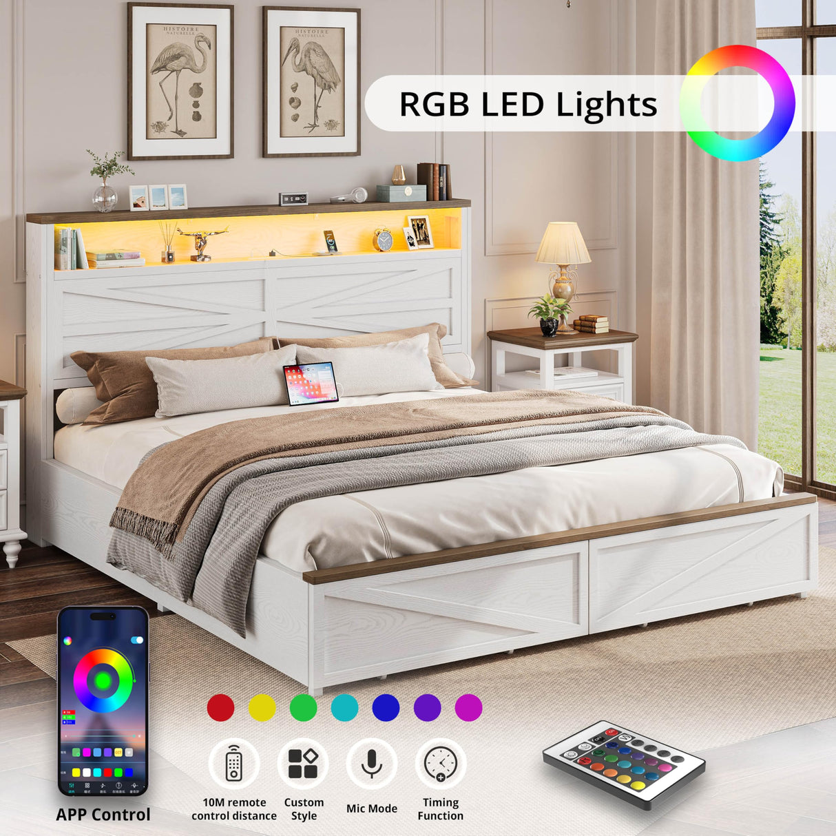 IRONCK Farmhouse King Size Bed Frame with LED Light and Charging Station, Wood Bed Frame with Storage Headboard and 2 Drawers, Barn Door Design, Sturdy and Noiseless, White IRONCK