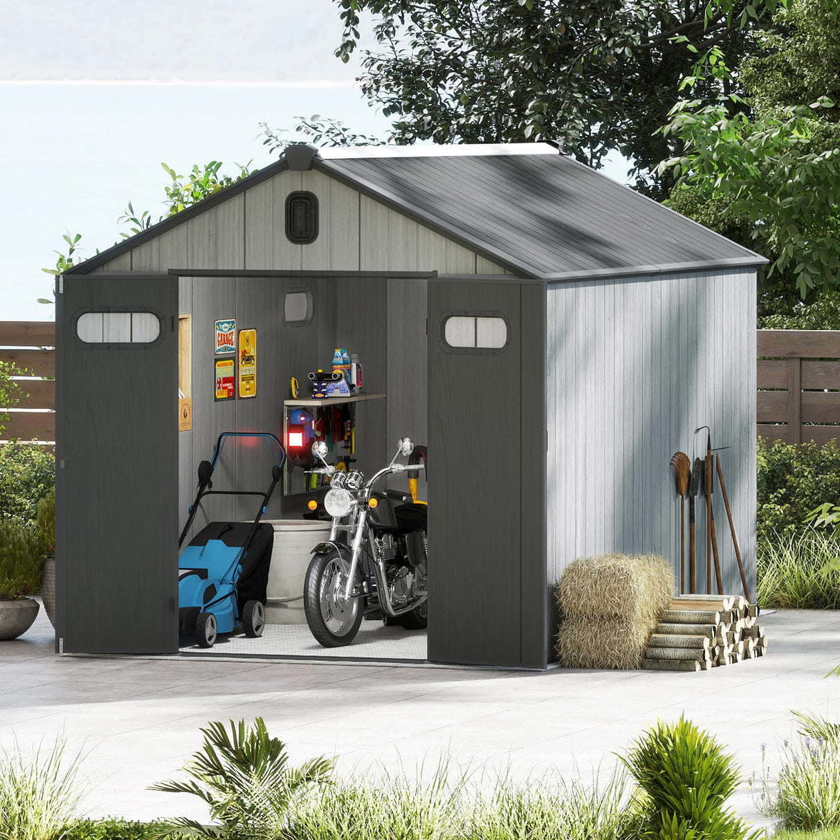 Domi 8x10FT Outdoor Resin Storage Shed with Transparent Windows & Louvered Vents, Plastic Tool Shed with Double Lockable Doors & Gable Roof, Outside Garden Shed for Backyard, Patio, Lawn, Grey domi outdoor living