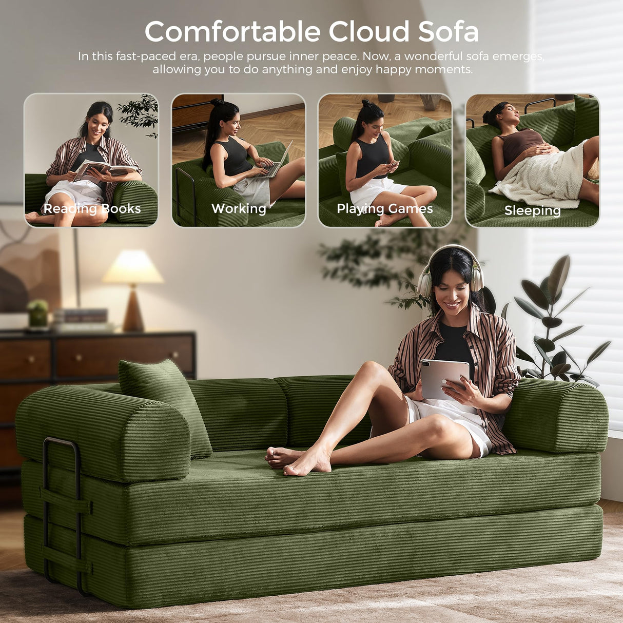 79" Convertible Sofa Bed with Fixed-Shape Frame & Removable Armrests, Modular Corduroy Sleeper Sofa, Folding Mattress Couch for Small Spaces - No Assembly Needed in Green (Includes 2 Pillows) SAVENICA