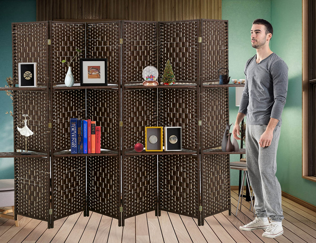 6 Panel Wood Room Dividers with Shelves Folding Privacy Screens Portable Partition Screen, 6 Ft Tall 5.7 Ft Wide Room Partitions and Dividers, Folding Privacy Wooden Screen with 2 Shelf Capacmkseh