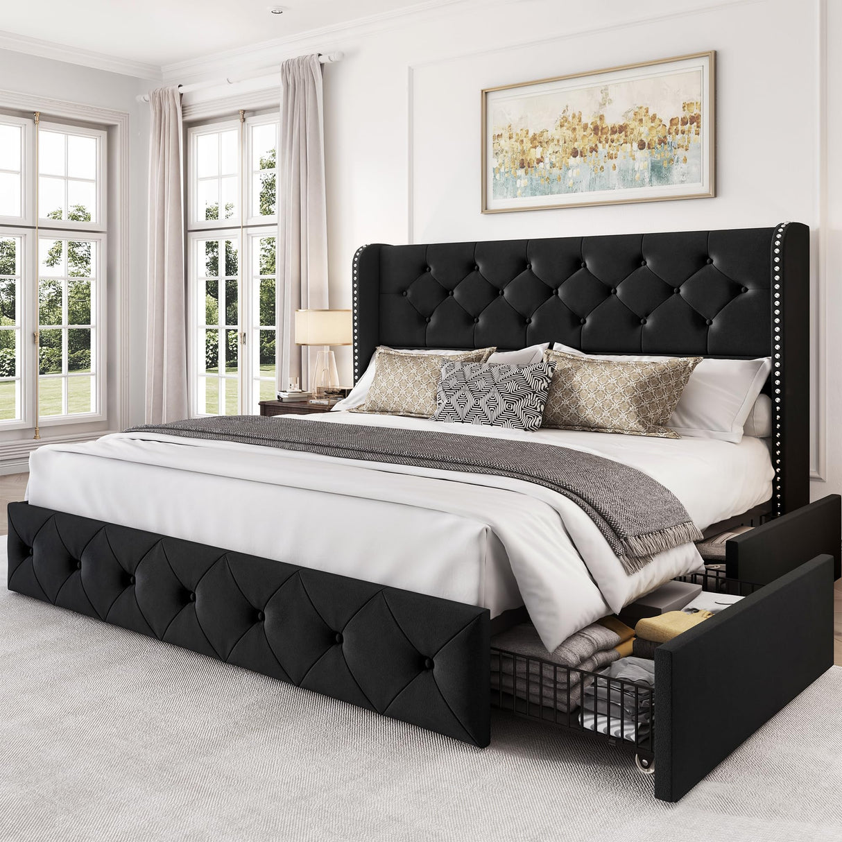 LARMACE Queen Size Bed Frame with 4 Storage Drawers and Wingback Headboard Upholstered Platform Beds Velvet Tufted Bed Frame with Wooden Slats Support, Easy Assembly, Black LARMACE