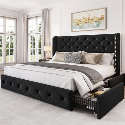 LARMACE Queen Size Bed Frame with 4 Storage Drawers and Wingback Headboard Upholstered Platform Beds Velvet Tufted Bed Frame with Wooden Slats Support, Easy Assembly, Black