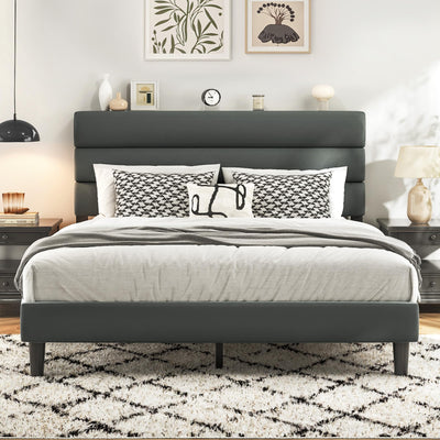 Fluest Queen Bed Frame, Platform Bed Frame with Velvet Upholstered Headboard, No Box Spring Needed, Sturdy Metal Support, Noise Free, Easy Assembly, Modern Bedroom Furniture, Grey