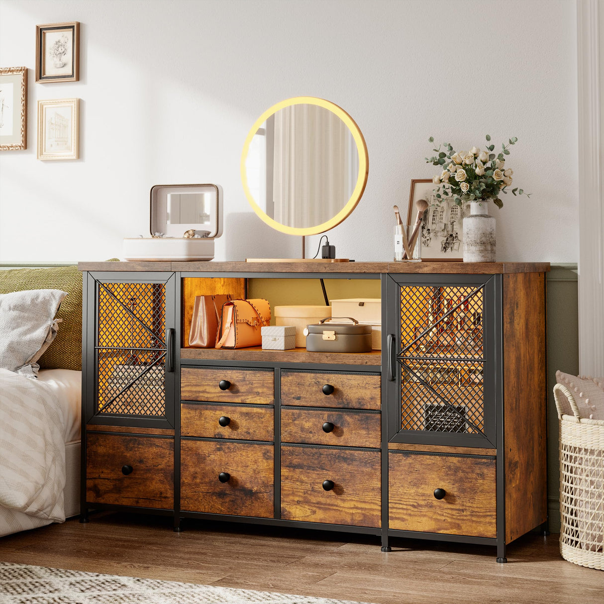 EnHomee Dresser for Bedroom with Power Outlets & LED Lights,49.2" W Bedroom Dresser for 60" TV Stand,Mesh Door,8 Drawers & 2 Large Cabinet,Chests of Drawers for Bedroom,Closet,Entryway,Rustic Brown EnHomee