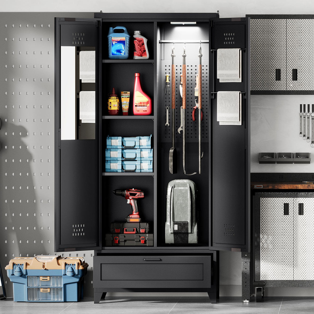 YITAHOME 71" Metal Garage Broom Cabinets with Adjustable Shelves, Vacuum Storage Cabinet with Doors and Drawer, Tool Storage Cabinet for Gym, Basement, Warehouse, Living Room, Black YITAHOME