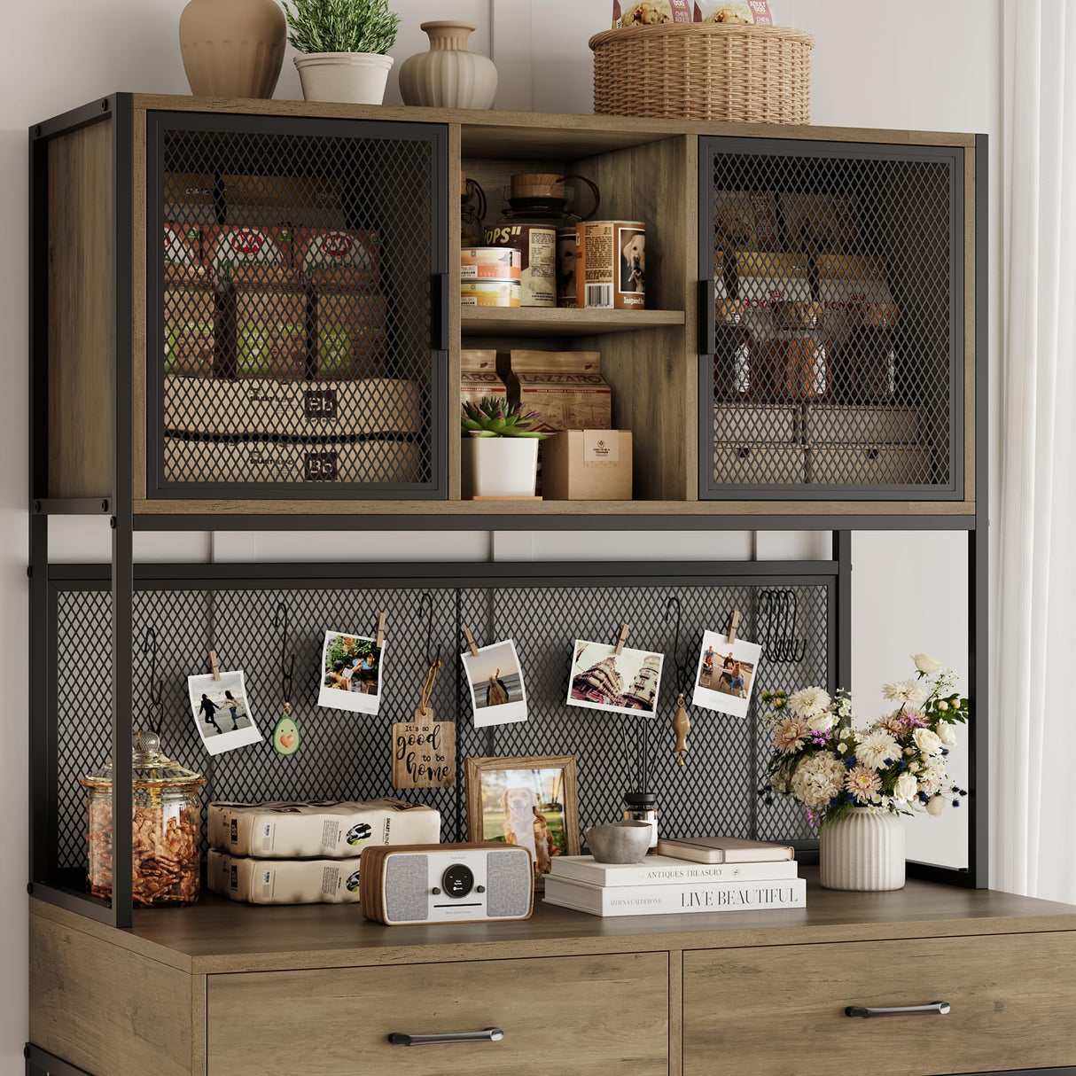 HITHOS 71" Tall Dog Crate Furniture, Indoor Dog Kennel with Hutch, 42" W Dog Cage for Large/Medium Dogs, Wood Dog Crates with 2 Storage Drawers, Heavy Duty Pet House, Rustic Brown HITHOS