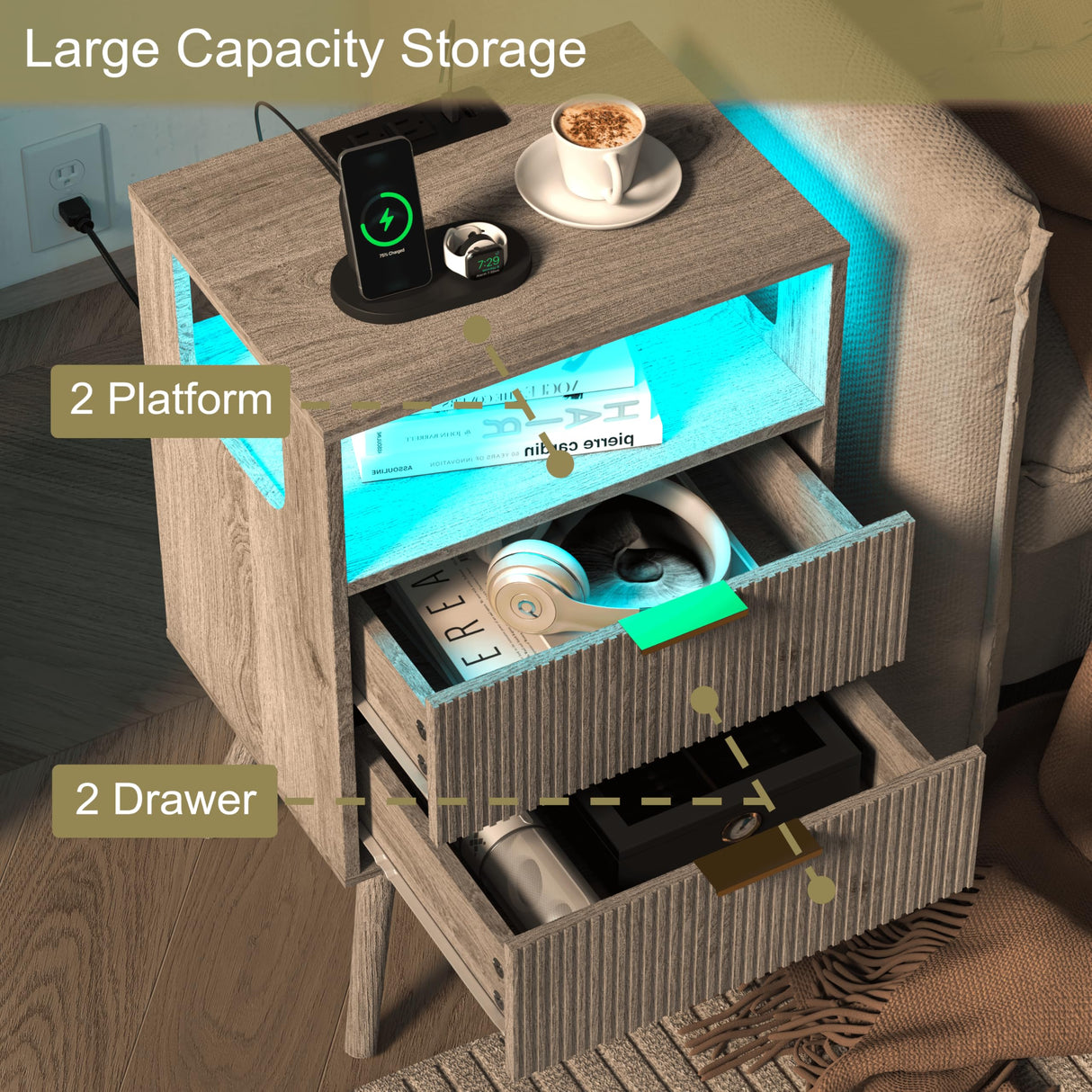 JOONEE Nightstand with Charging Station and LED Lights,Modern Bedside Table with 2 Storage Drawer and Open Wood Shelf, for Bedroom and Small Spaces,Night Stand with Solid Wood Legs,GreyOak JOONEE