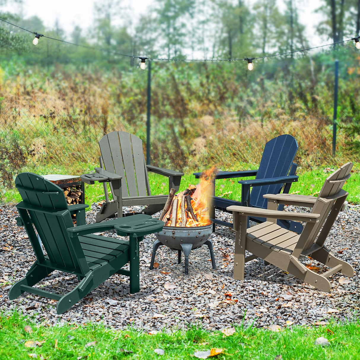 NAVINE Adirondack Chair Set of 4, HDPE Folding Adirondack Chair with Multifunctional Cup Holder, Weather Resistant Fire Pit Chair for porches, patios, poolsides, Decks. NAVINE