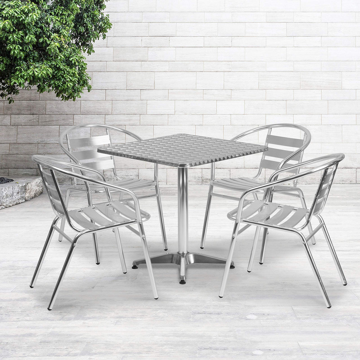 Flash Furniture Aluminum 5-Piece Patio Dining Set with Square Table and 4 Slat Back Chairs, Indoor/Outdoor Bistro Table and Chairs Set, Silver Flash Furniture