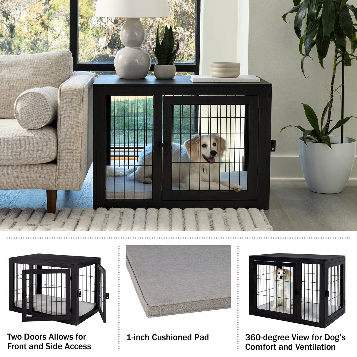 Furniture-Style Dog Crate - Acacia Wood Kennel for Medium Dogs with Double Doors and Cushion - Dog Cage Furniture by PETMAKER (Black) PETMAKER