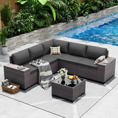 ASJMR Outdoor Patio Furniture Set, 6 Pieces Outdoor Sectional Furniture High Backrest Patio Sofa, All-Weather PE Rattan Patio Conversation Set with Coffee Table & Cushions-Black