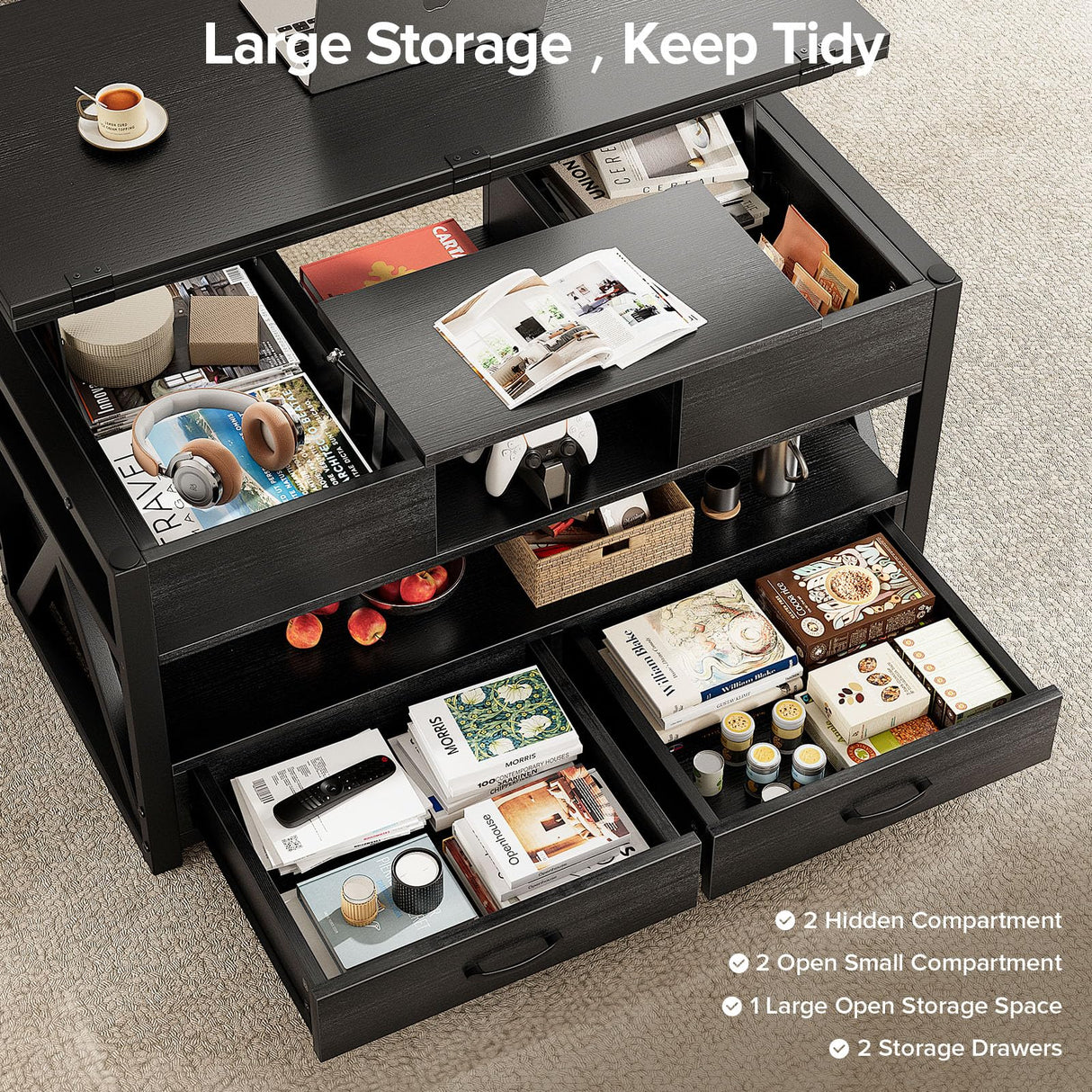 Memobarco 40" Lift Top Coffee Table,4 in 1 Multi-Function Lift Coffee Tables with Storage Drawers and Hidden Compartmen,Farmhouse Coffee Table with Lifting top for Living Room,Black Memobarco