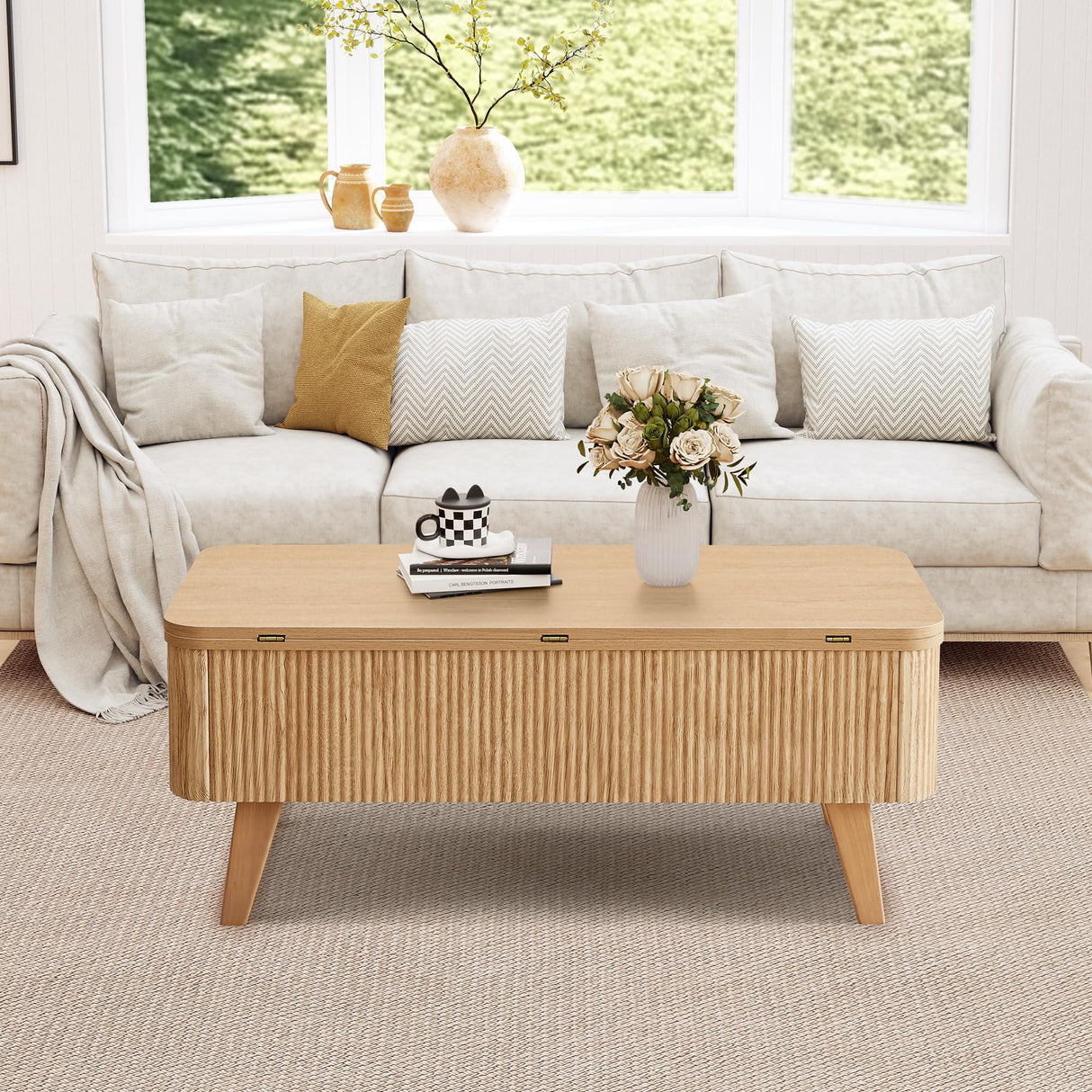 3 in 1 Lift Top Coffee Table, Fluted Convertible Coffee Tables Converts to Dining Tables, Modern Oval Wooden Center Table with Storage for Living Room Office Small Space, Partial Assembly (Natural) ORRD