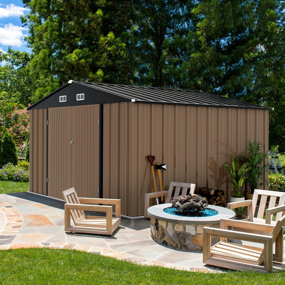 Devoko 8 x 10 FT Outdoor Storage Shed, Metal Garden Sheds & Outdoor Storage Clearance, Large Tool Shed Outdoor with Single Lockable Door for Patio Lawn Backyard (Brown) Devoko
