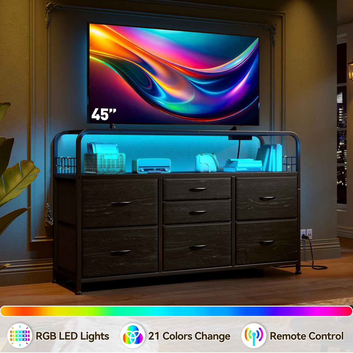 EnHomee Dresser for Bedroom, Black Dresser for Bedroom with 7 Drawers, Bedroom Dresser with LED Lights & Charging Station, Fabric Dressers & Chest of Drawers for Closet, TV Stand for 45" TV, 4 Hooks EnHomee