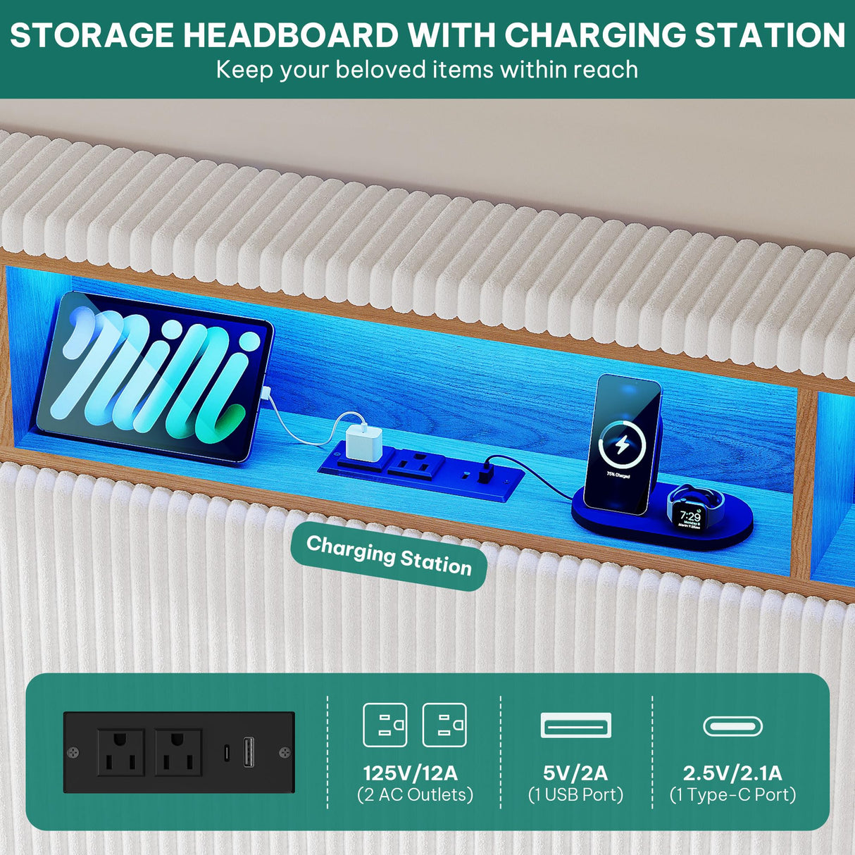 DWVO Queen Size Corduroy Upholstered Platform Bed Frame with Charging Station and RGB LED Lights, 53’’ Tall Storage Wingback Headboard, No Box Spring Needed, Easy Assembly, Noise-Free, White DWVO