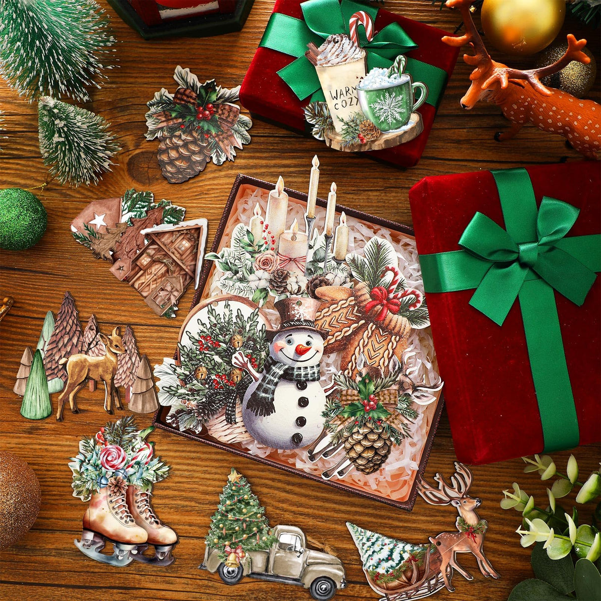 36 Pieces Christmas Wooden Tree Hanging Ornaments Christmas Wooden Pine Cone Elk Truck Snowman Gingerbread House Hanging Signs Christmas Wooden Decor with Rope for Xmas Party Huwena