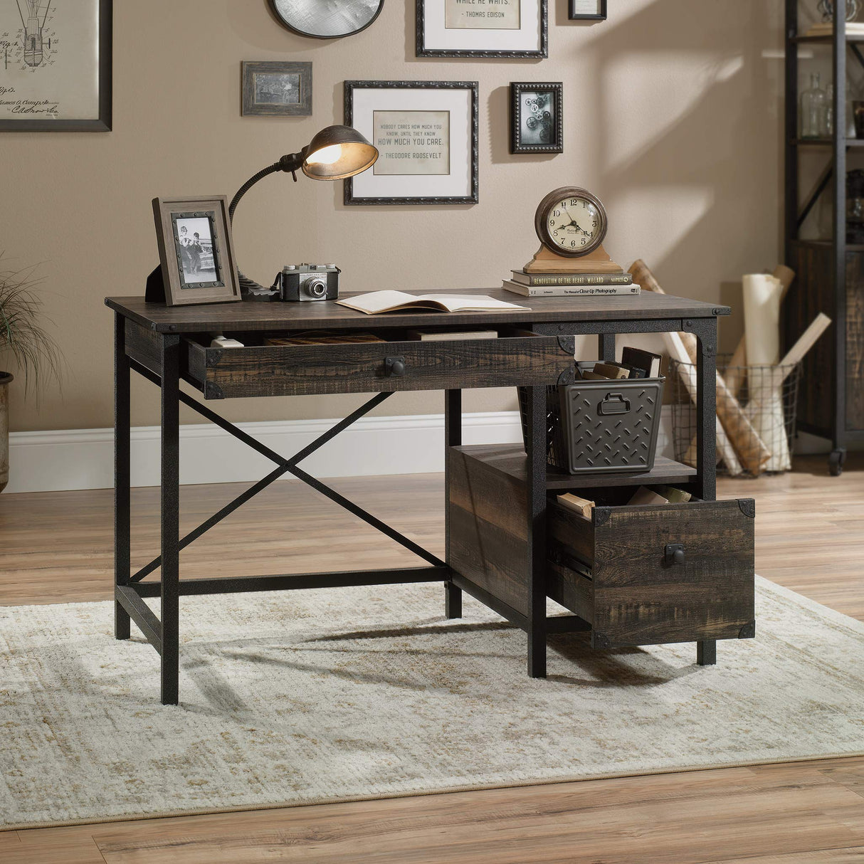 Sauder Steel River Desk, L: 47.48" x W: 23.47" x H: 29.53", Carbon Oak Finish Sauder