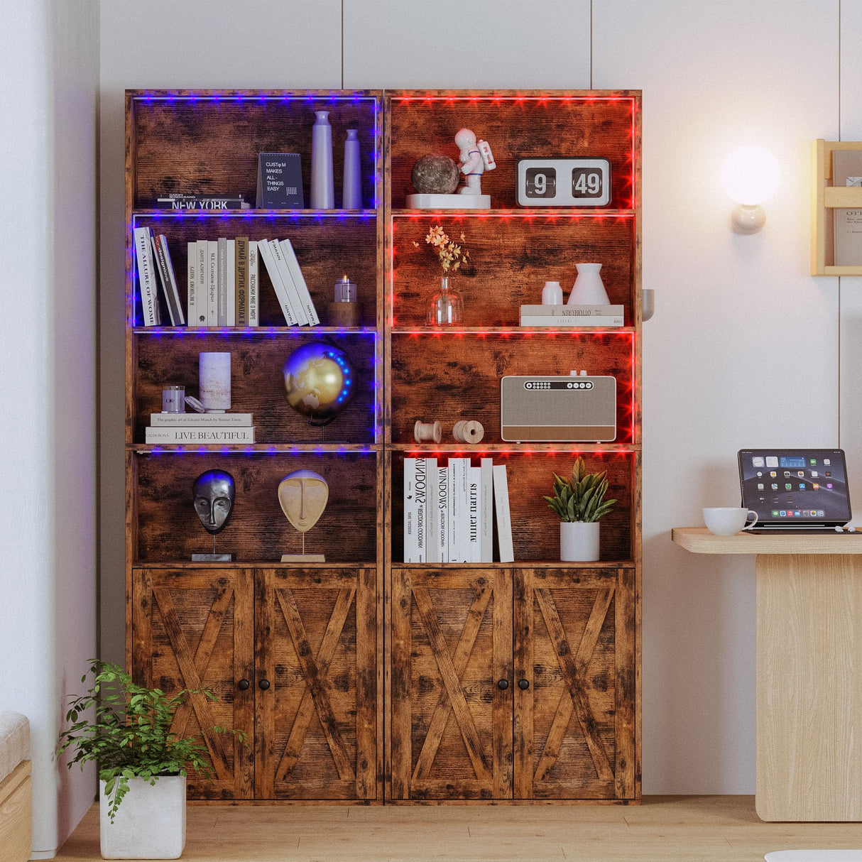 IRONCK Tall Bookcase with LED Lights, 70 in Industrial Bookshelves and Bookcases with Doors, 6 Shelf Display Storage Shelves Floor Standing for Home Office, Living Room, Bedroom IRONCK