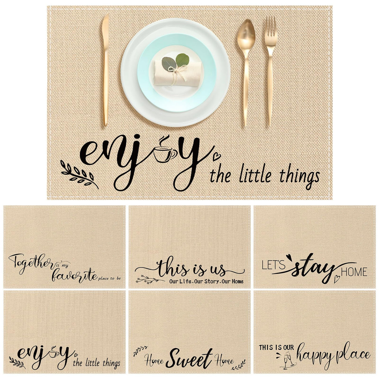 Farmhouse Placemats Set of 6 Linen Placemats 18x12'' Rustic Table Mats with Sayings Housewarming Gifts Country Tablemats Washable Cloth Place Mats for Farmhouse Table Setting(Khaki) Hahafelt