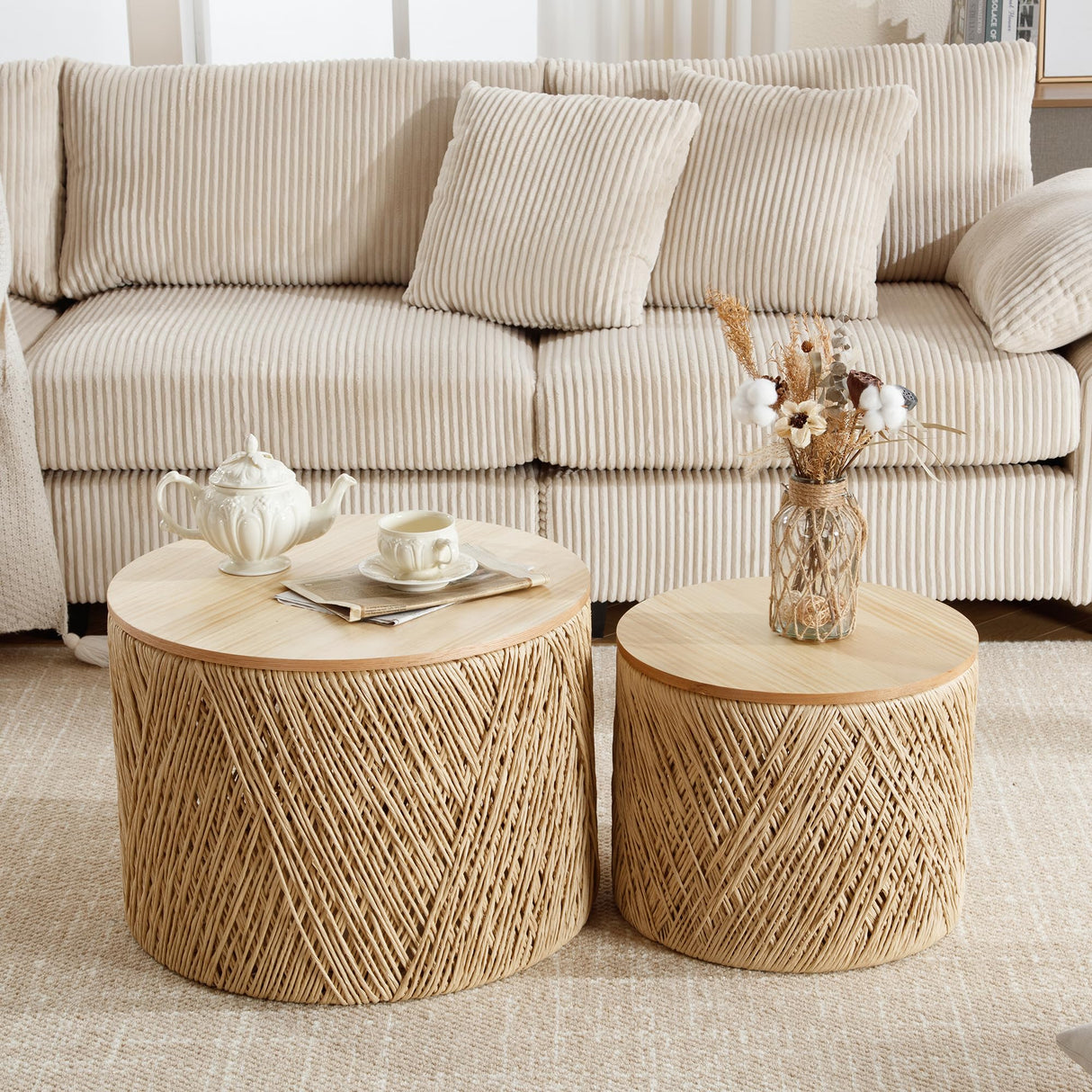 LZAREAL Farmhouse Round Coffee Table with Storage Boho Living Room Table with Lifting Top Hand-Woven Rattan Nesting Coffee Tables for Living Room, Natural LZAREAL