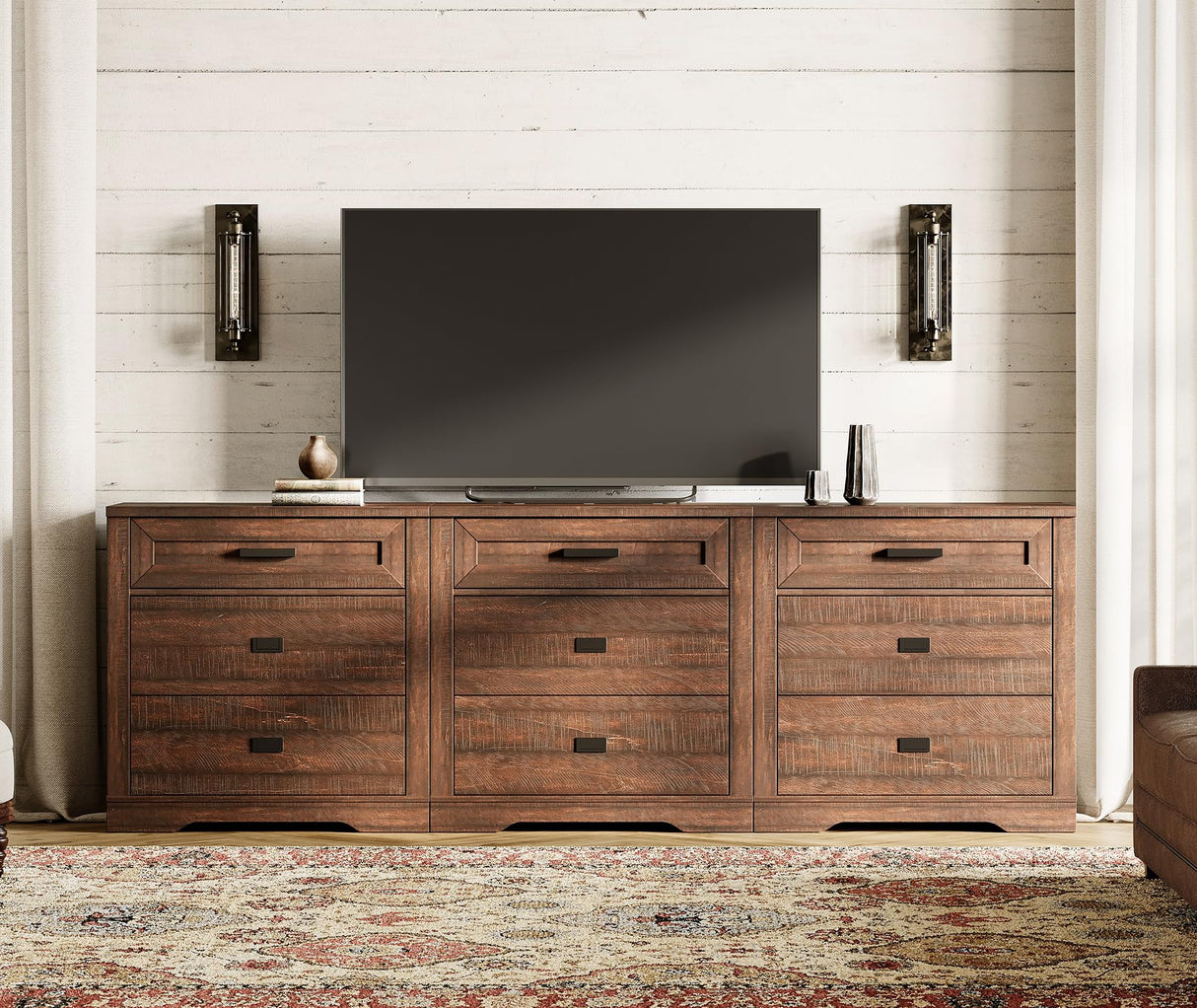 WAMPAT Farmhouse 9 Drawers Dresser for Bedroom,94 inch 3 in 1 Dresser with Small Chest of Drawers,Mid Century Modern Wooden Closet Storage Organizer for Living Room, Hallway, Rustic Brown WAMPAT