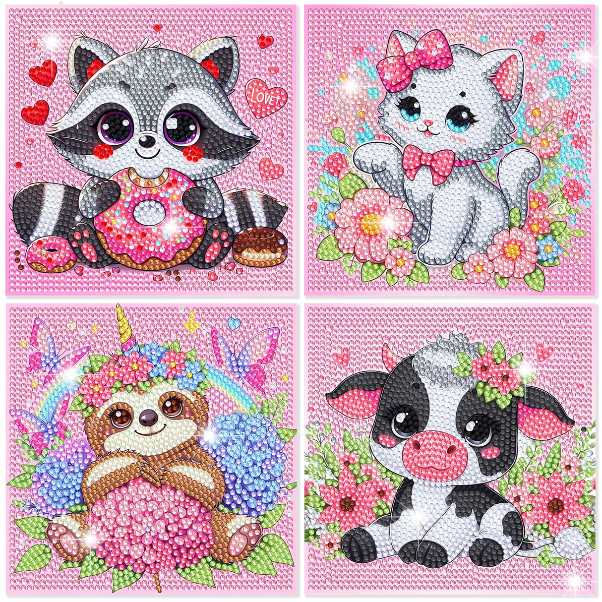 Diamond Art Kits for Kids, 4 Pieces Cartoon Animals Diamond Painting Kits for Adults Beginner, 5D Full Round Drill Gem Art Arts and Crafts for Kid Mosaic Kits for Gift Home Wall Decor Kids 6X6 inch NANZHOO