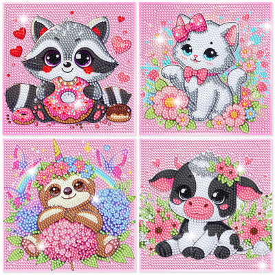 Diamond Art Kits for Kids, 4 Pieces Cartoon Animals Diamond Painting Kits for Adults Beginner, 5D Full Round Drill Gem Art Arts and Crafts for Kid Mosaic Kits for Gift Home Wall Decor Kids 6X6 inch