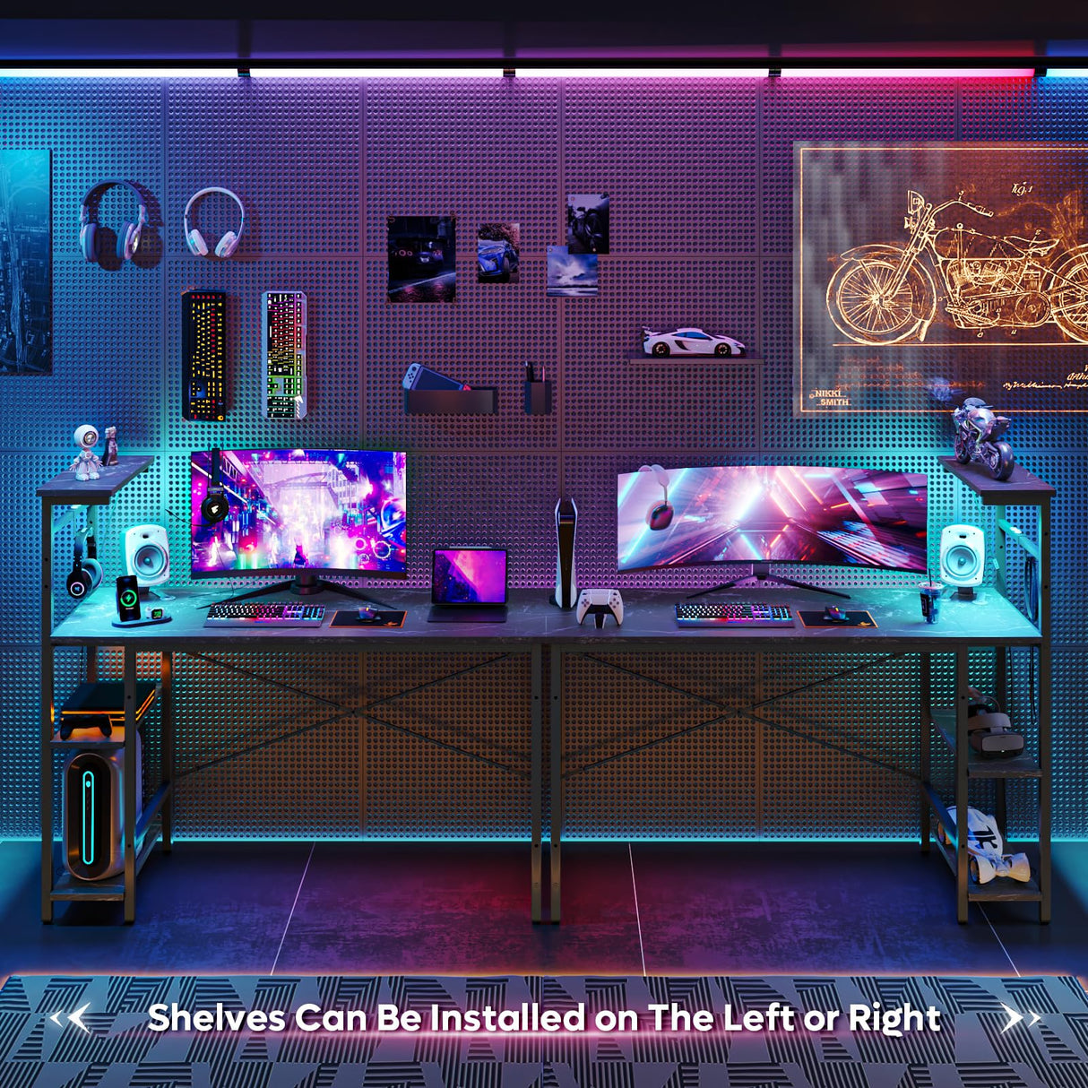 Bestier Gaming Desk with LED Lights, 51.3 Inch Computer Desk with 4 Tiers Reversible Shelves, Gamer Desk with Side Storage Bag, Hooks and Height Adjustable Shelf (Black Marble) Bestier