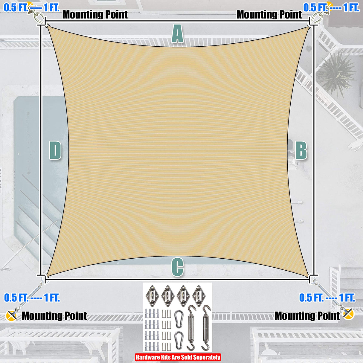 Amgo 14' x 14' Beige Square Sun Shade Sail Canopy Awning, UPF50+ AGTAPS14, 95% UV Blockage, Water & Air Permeable, Commercial and Residential, 3 Years Warranty (We Make Custom Size) Amgo