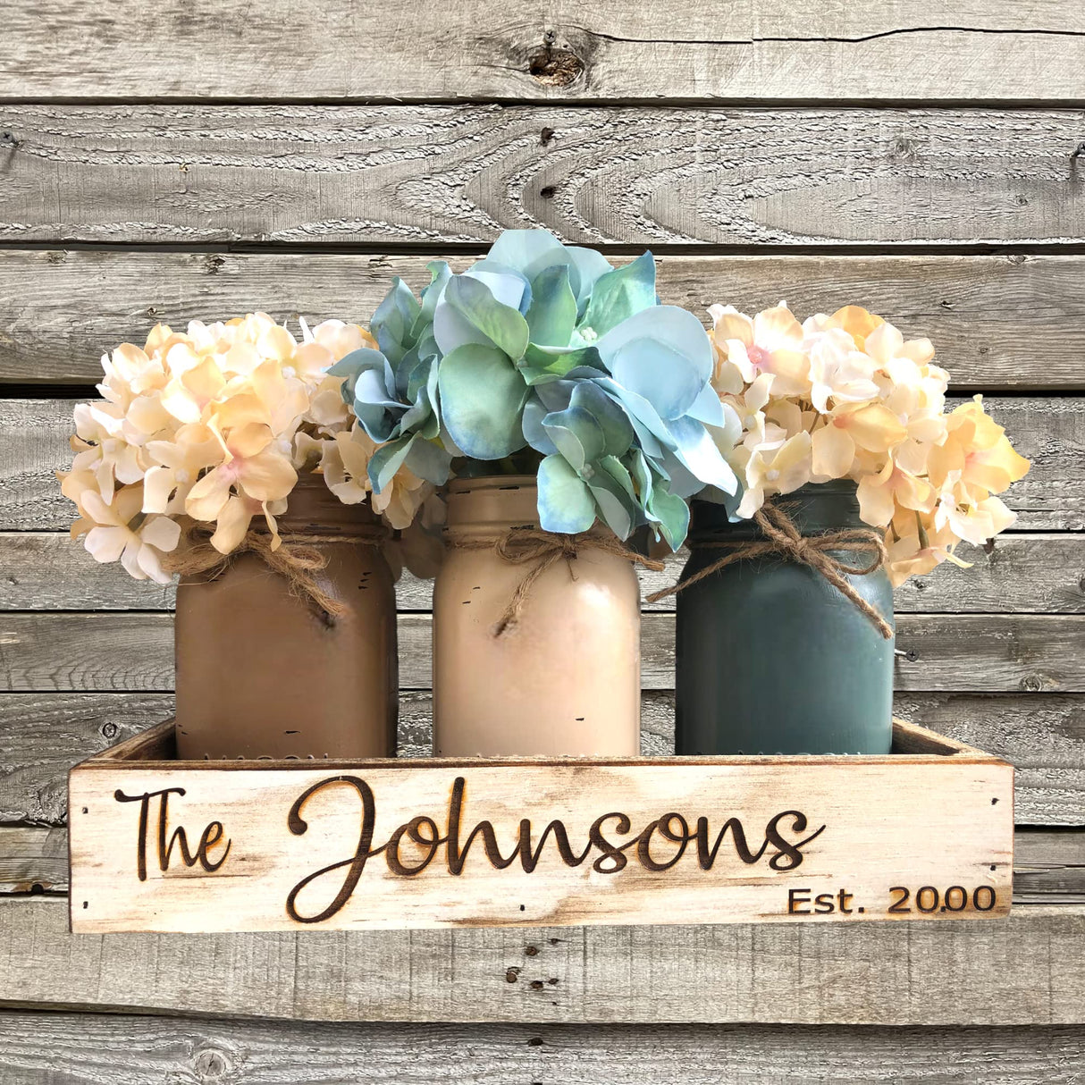Personalized Name Established Date CUSTOM Tray ENGRAVED Wood Mason Canning Pint Quart JARS & Florals Optional Centerpiece Kitchen Table Decor Distressed Rustic Housewarming Wedding Anniversary Decor Wooden Hearts Inc