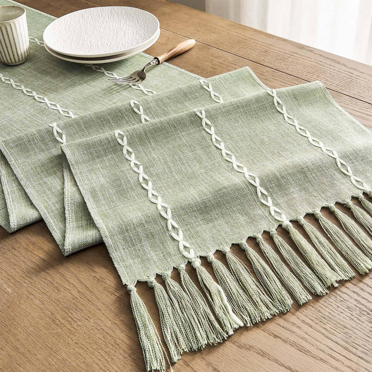 ZeeMart Farmhouse Braided Striped Table Runner, Rustic Sage Green Table Runners 72 Inches Long Boho Home Decor, Desert Sage 15x72 Inches ZeeMart