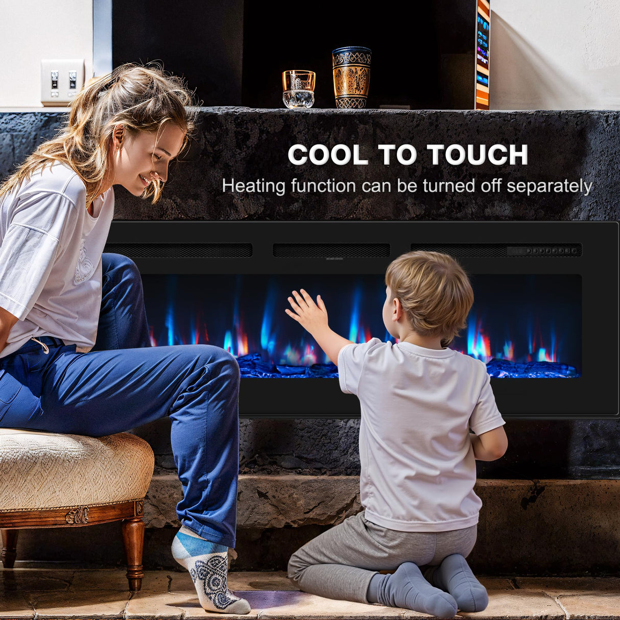 50 inch Electric Fireplace in-Wall Recessed and Wall Mounted with Remote Control, 1500/750W Fireplace Heater (60-99ยฐF Thermostat) with 12 Adjustable Color, Timer, Log and Crystal Manastin