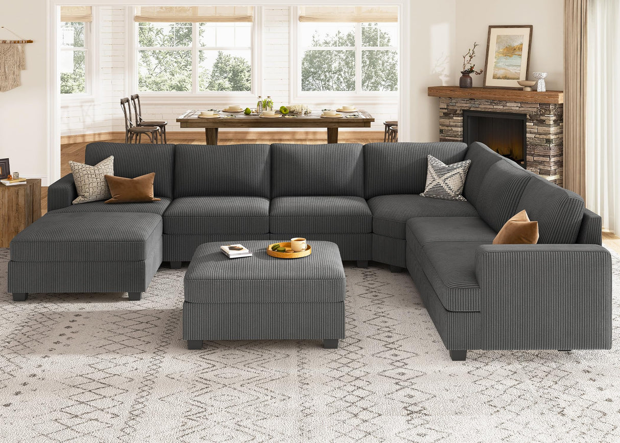 Nolany Sectional Couch with Storage Ottoman, Corduroy Modular Sectional Sofa, U Shape Sectional Couches for Living Room, Dark Grey Nolany
