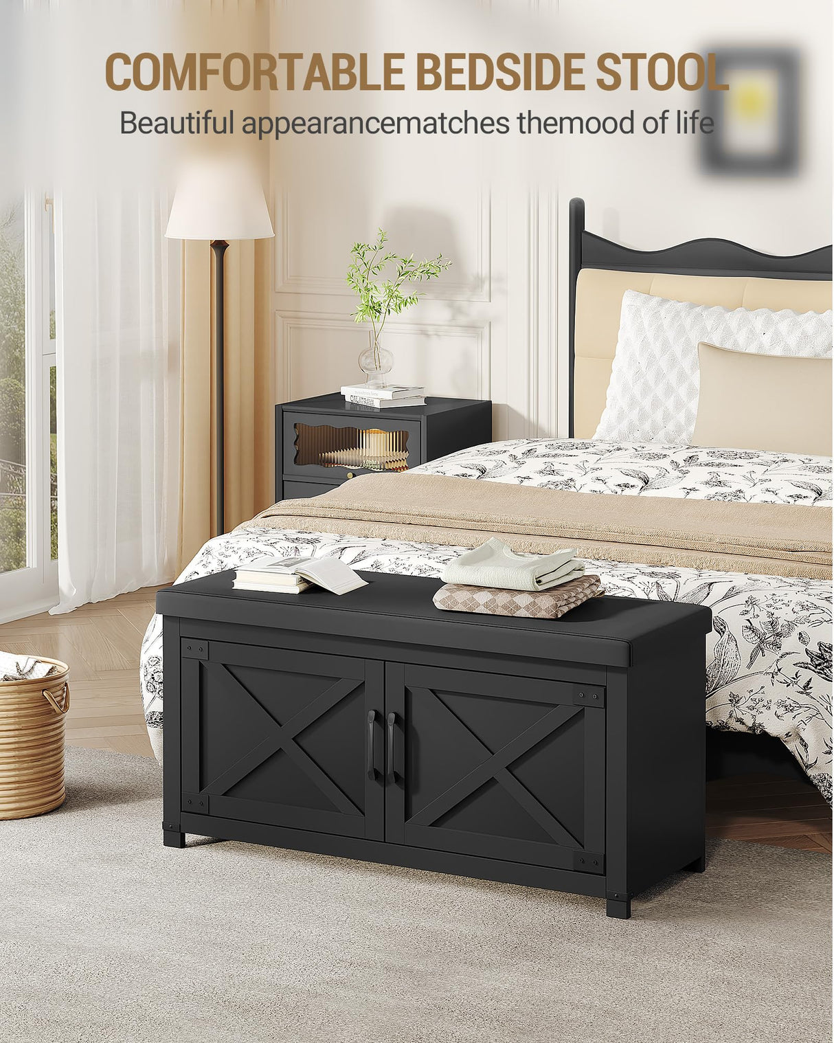 Hzuaneri Farmhouse Shoe Storage Bench, 2 Tier Shoe Bench with Padded Seat Cushion & 2 Barn Doors, Entryway Bench with Adjustable Shelf, Shoe Cabinet for Living Room, Bedroom, Black SB26606BK Hzuaneri