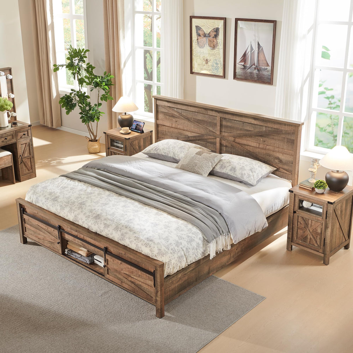 King Farmhouse Wood Bed Frame with Sliding Barn Door Storage - JXQTLINGMU JXQTLINGMU