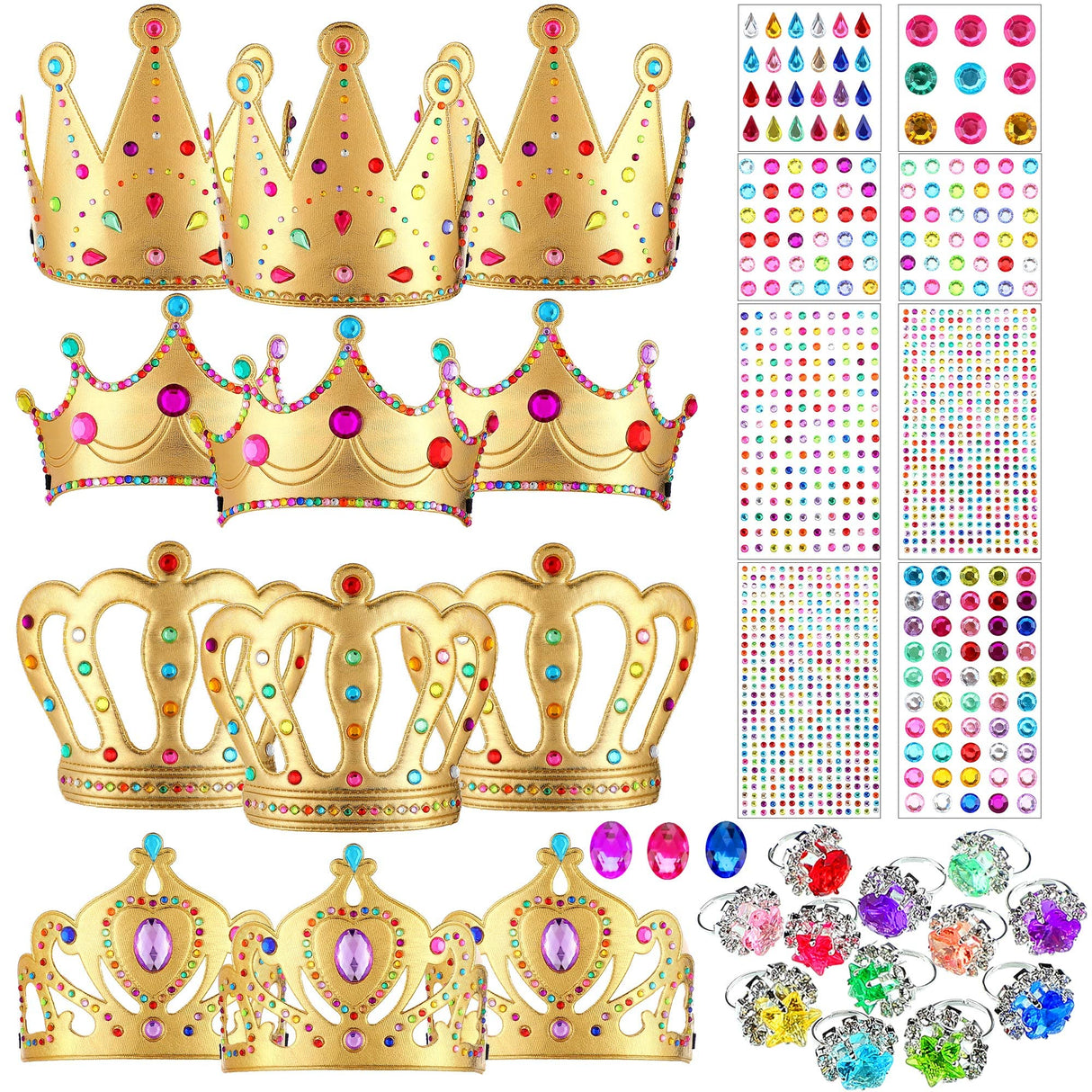 12 Pieces Foam Princess Tiaras Crown 928 Pieces Gem Stickers 12 Gem Rings Craft Making Kits Birthday Party Favors MTLEE