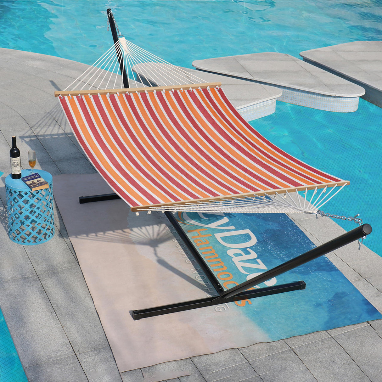 Lazy Daze Hammocks Quick Dry Hammock with Spreader Bar 2 Person Double Hammock with Chains Outdoor Outside Patio Poolside Backyard Beach 450 lbs Capacity, Red Stripes Lazy Daze Hammocks