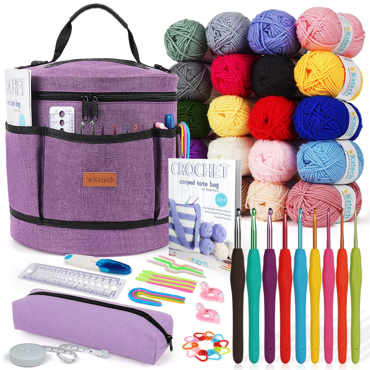 Katech Crochet Kit for Beginners, Beginner Crochet Kit for Adults and Kids Crochet Kits Includes Crochet Hooks Knitting Bag Crochet Yarn for Crocheting Instruction Knitting Kit Crochet Supplies Gift Katech